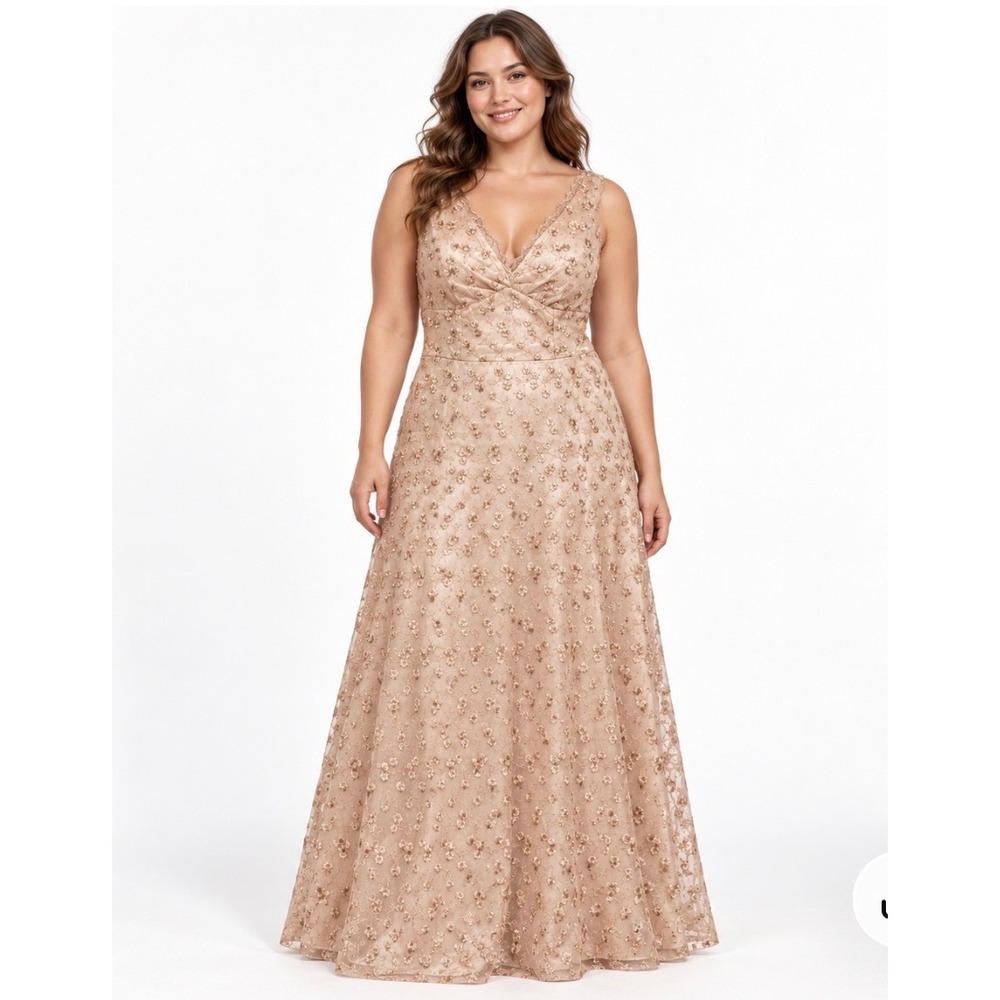 Scott McClintock Vtg Y2K Floral Embroidered Long Formal Dress XL Champagne